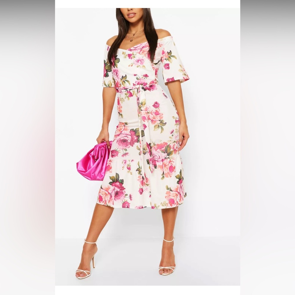 FLORAL WRAP BELTED OFF THE SHOULDER MIDI DRESS